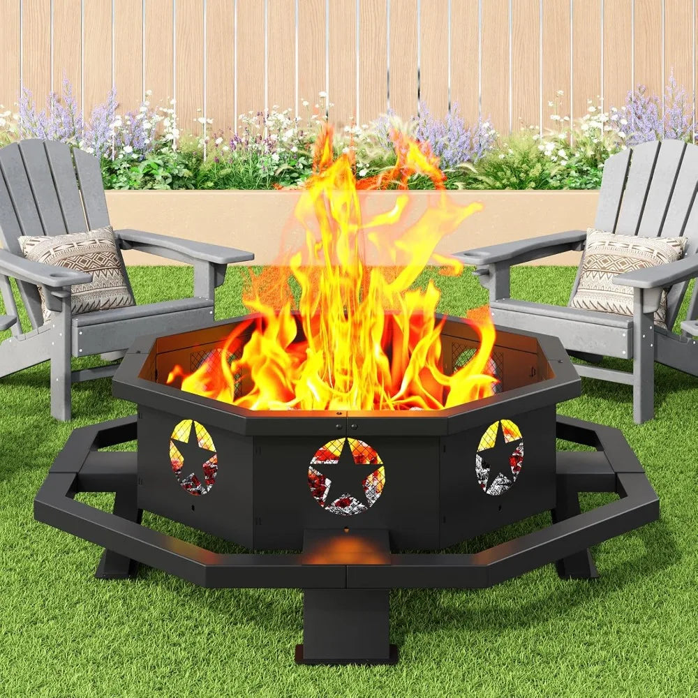 43 Inch Outdoor Fire Pit Octagonal Heavy Duty Wood Burning Firepit