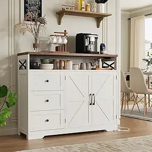 47 Inch Dark Brown Farmhouse Storage Cabinet with Barn Doors and Drawers