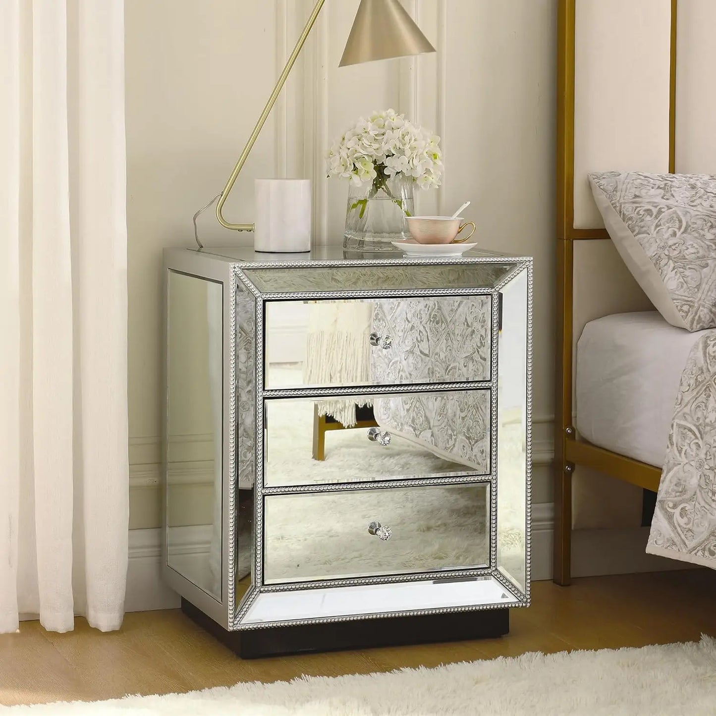 Luxury Crystal Mirrored Nightstand Bedside Cupboard Modern Furniture