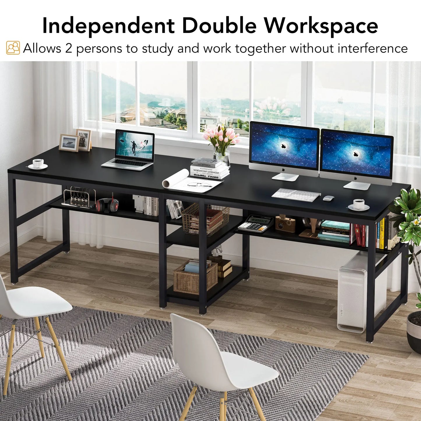 Ljustra Two Person Desk with Bookshelf Rustic Home Office Workstation