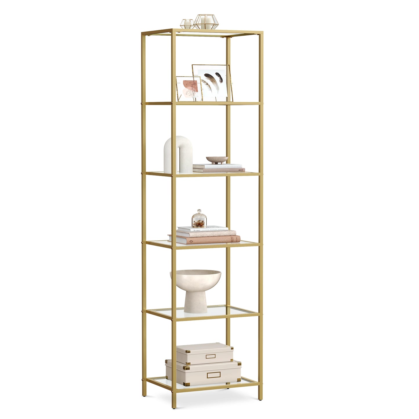 Ljustra 6-Tier Slim Bookshelf Tempered Glass Steel Frame Modern Design