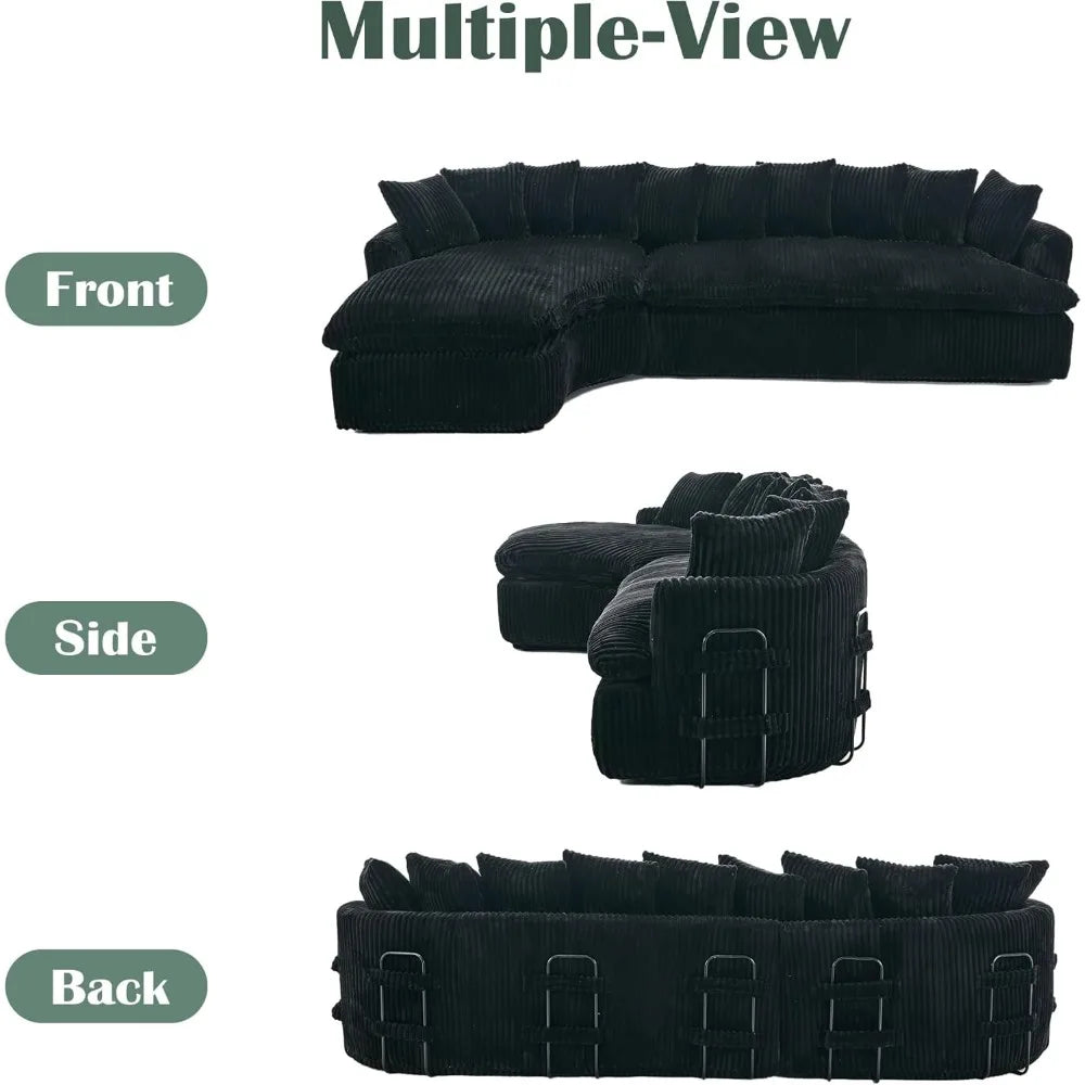 127” Curved L-Shaped Corduroy Sectional Sofa Deep Seat Cloud Couch w/ Pillows