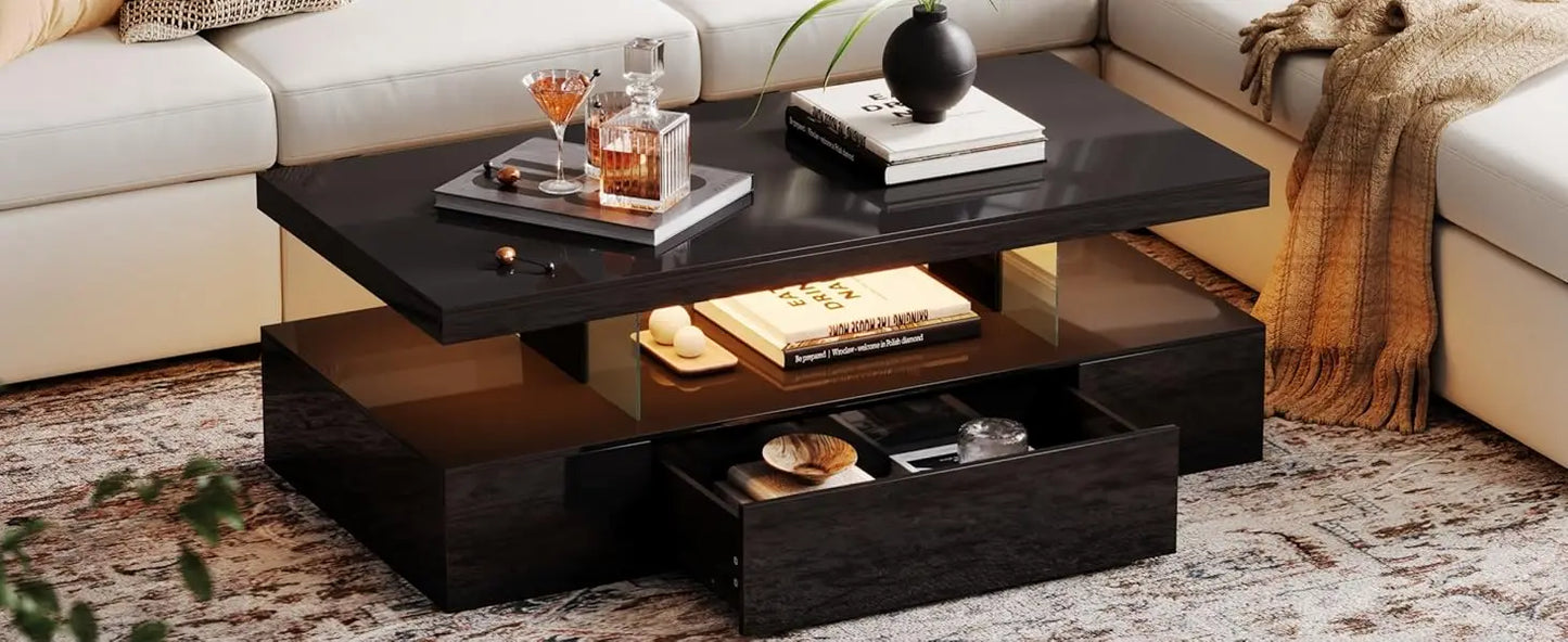 Modern LED Coffee Table High Gloss Storage Drawer Living Room Bedroom
