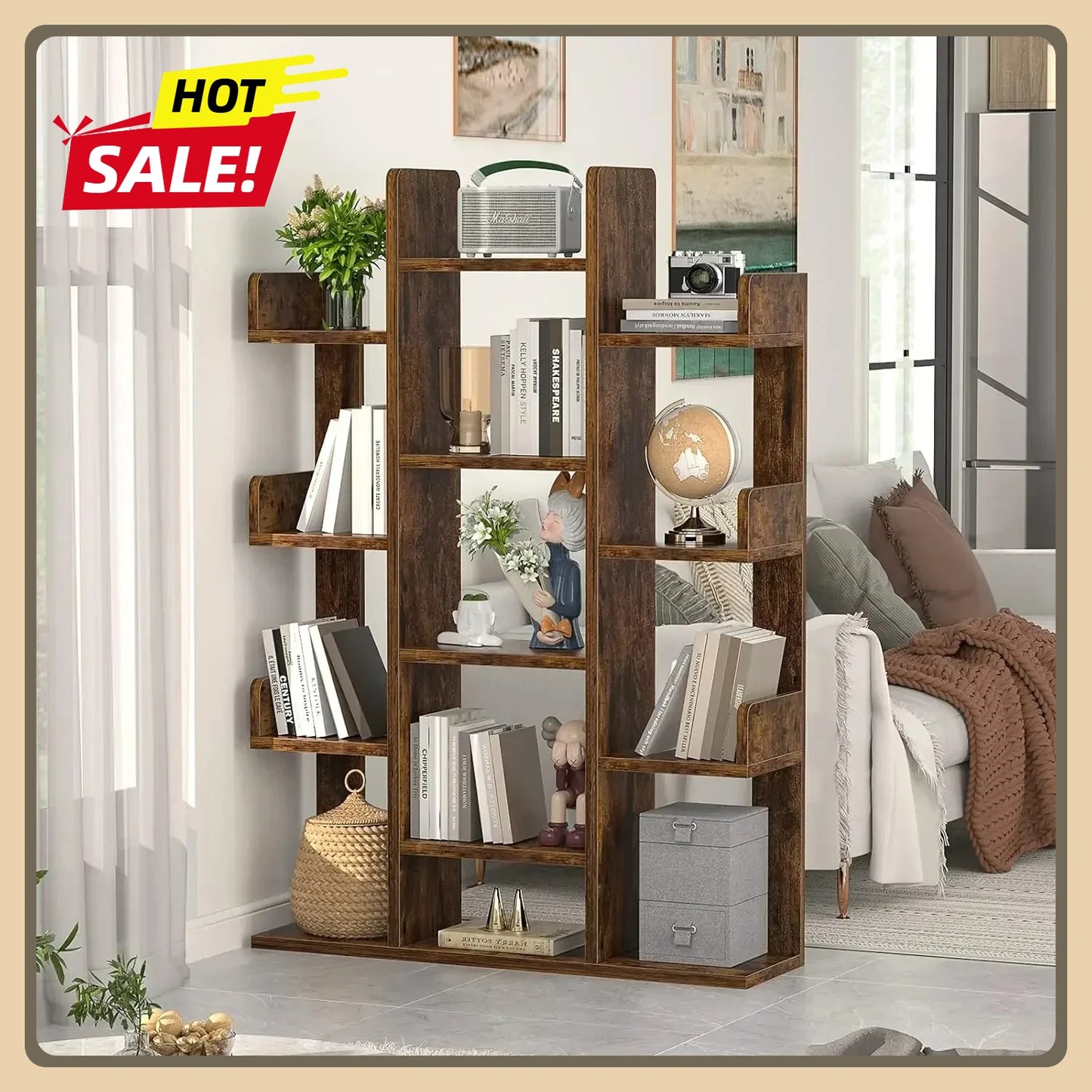 Tree-Shaped Bookshelf 13 Compartments Wooden Bookcase Storage Shelf