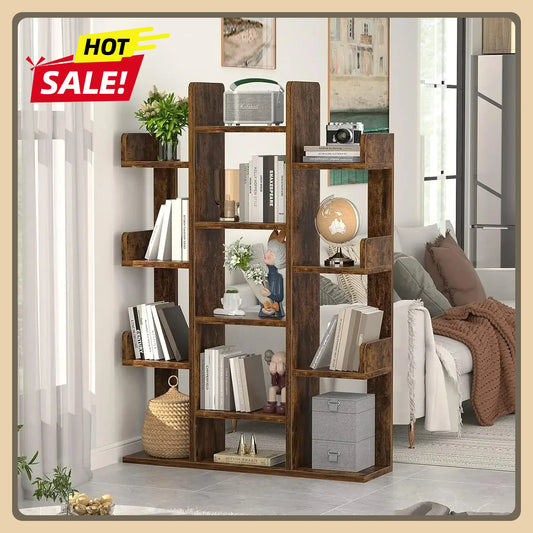 Tree-Shaped Bookshelf 13 Compartments Wooden Bookcase Storage Shelf