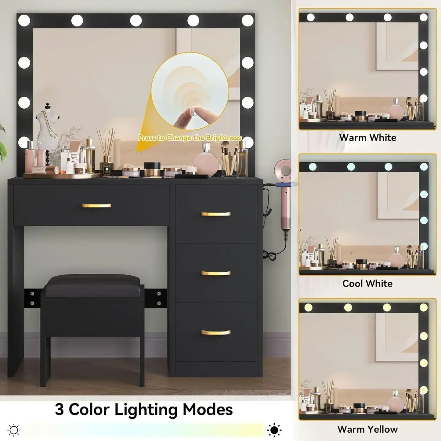 Makeup Vanity Table Set with Large Mirror and Cushioned Stool for Women