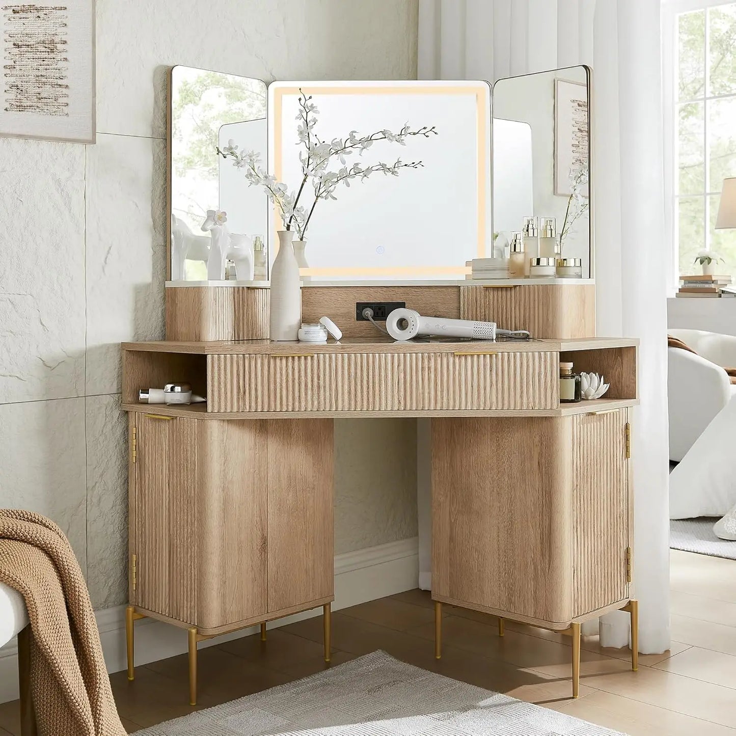 Corner Vanity Desk with Mirror Lights Storage and Charging Outlet