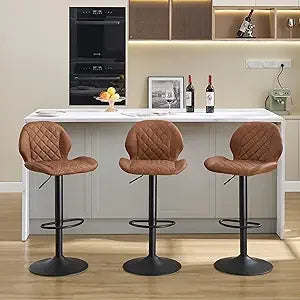 Set of 3 Adjustable Brown Swivel Bar Stools with Back for Home Bar