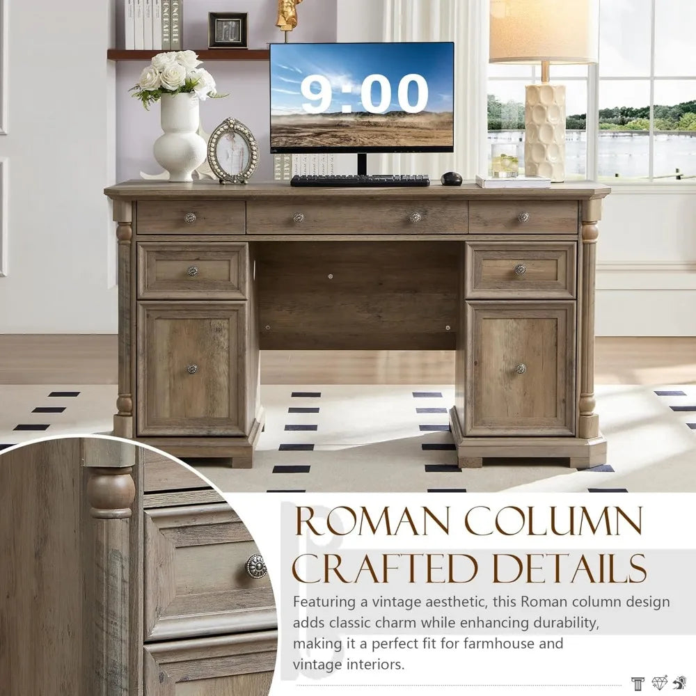 55 Inch Executive Desk with 7 Drawers and Built-In USB Outlet