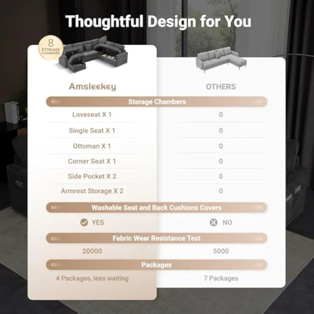 Modern U Shaped Sleeper Sofa Bed 8 Storages Sectional Couch 7 Seater