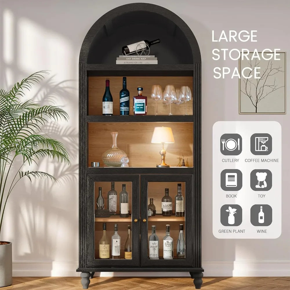 72 Inch Arched Bar Cabinet with Power Outlet Adjustable Shelves Wine Storage