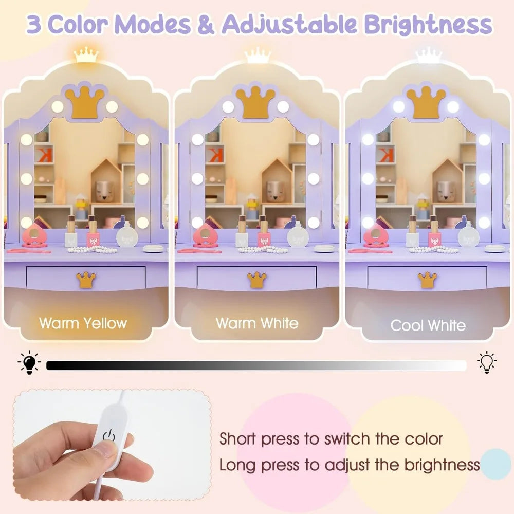 Kids Vanity with Lights Girls Makeup Desk Mirror Stool Toddler Set