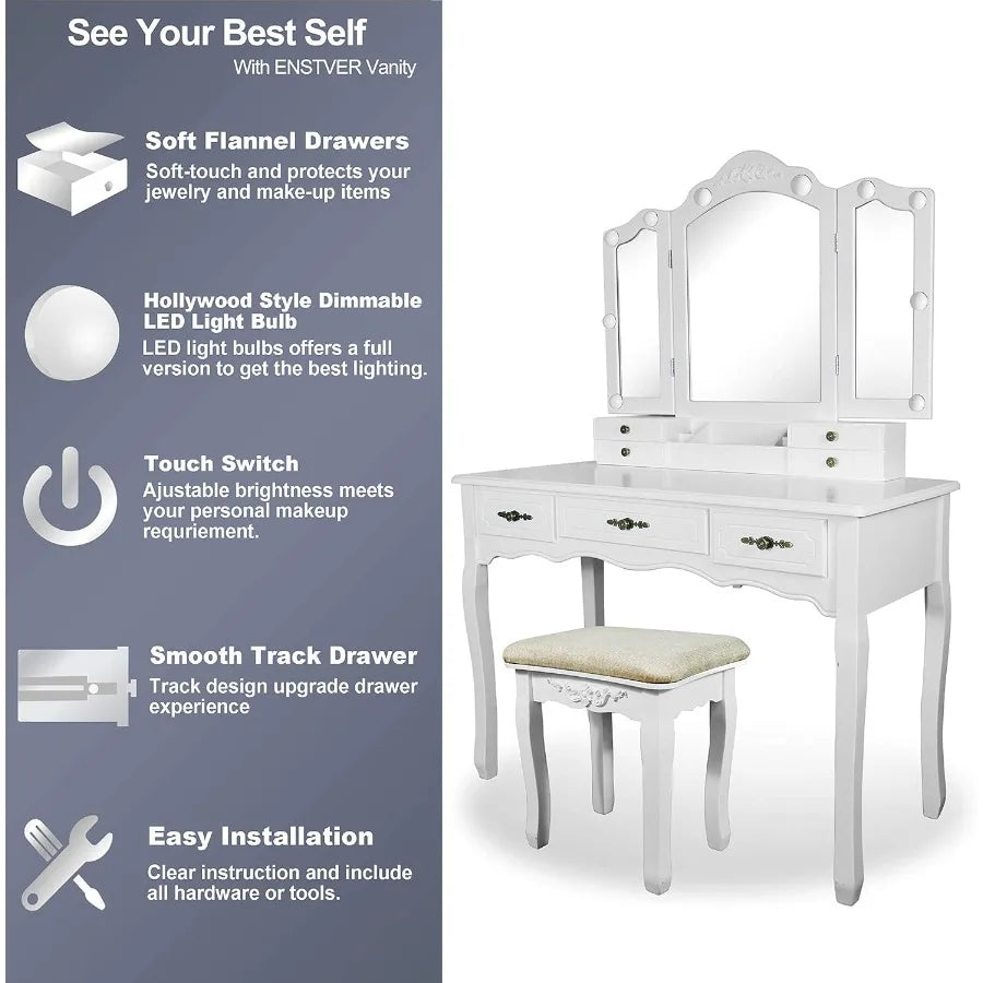 Vintage Vanity Desk Tri-Folding Mirror 6 Drawers Makeup Table with Lights
