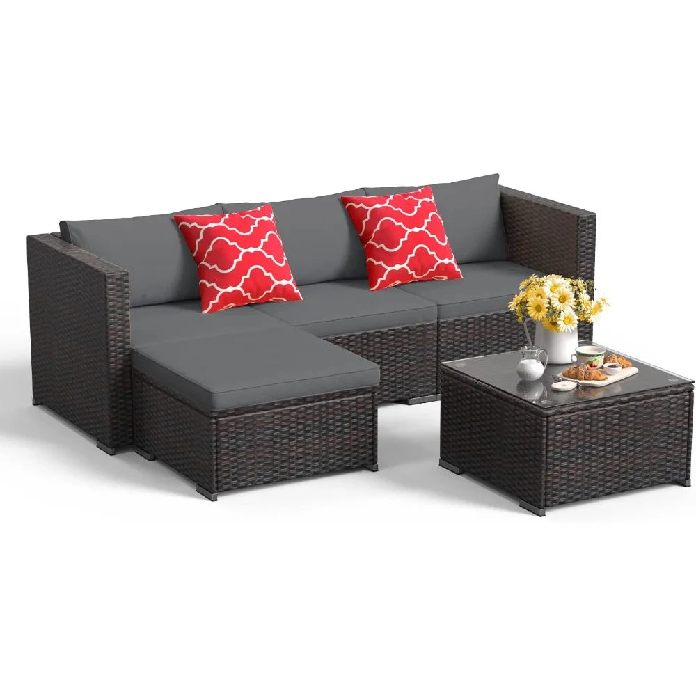 5 Pieces Patio Furniture Set All Weather Outdoor Wicker Sectional Grey