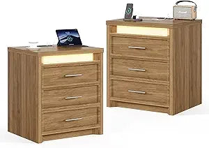 Night Stand with Charging Station LED Lightbox 3 Drawer Bedside Table