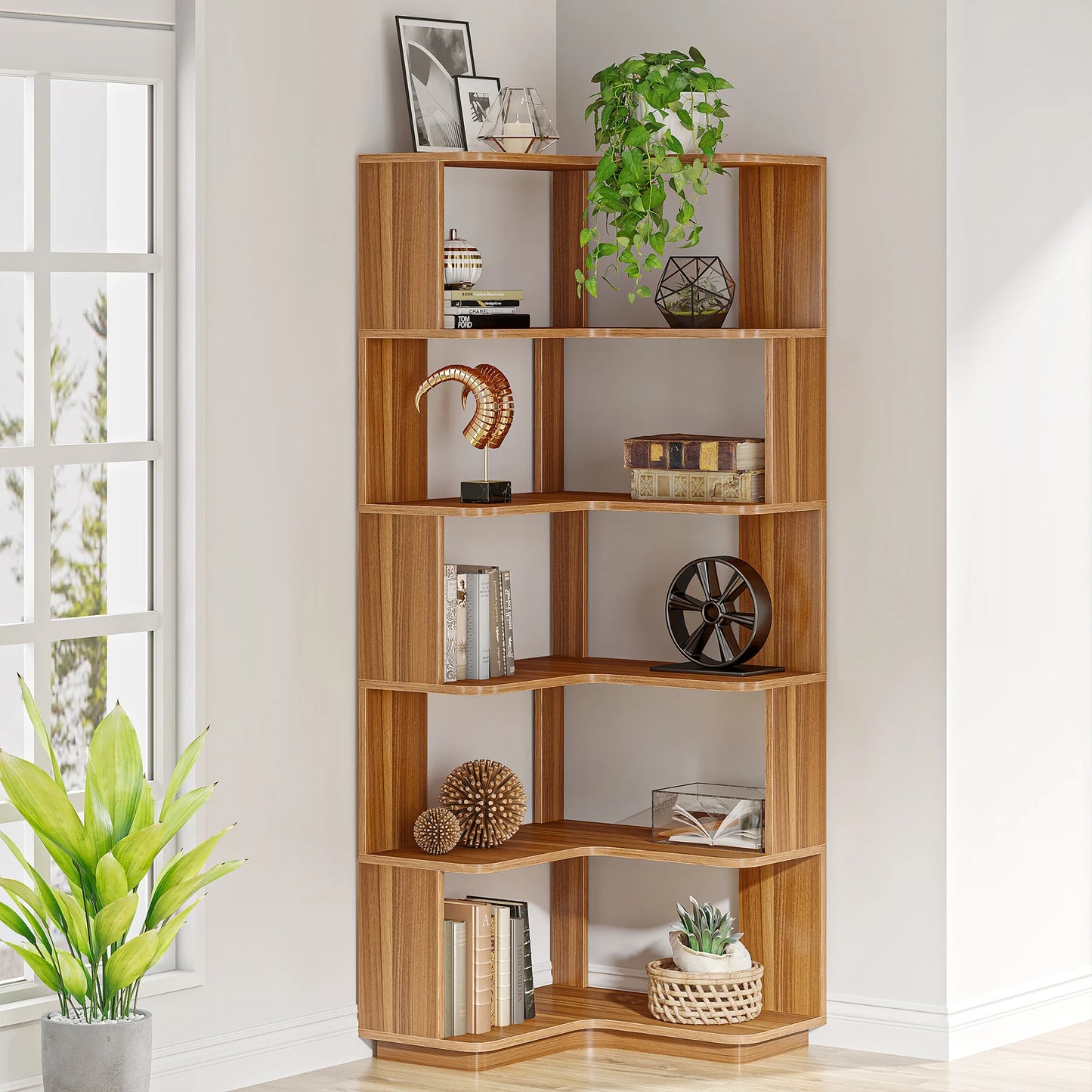 Ljustra 6 Tier Corner Bookshelf Industrial Bookcase Space Saving Design