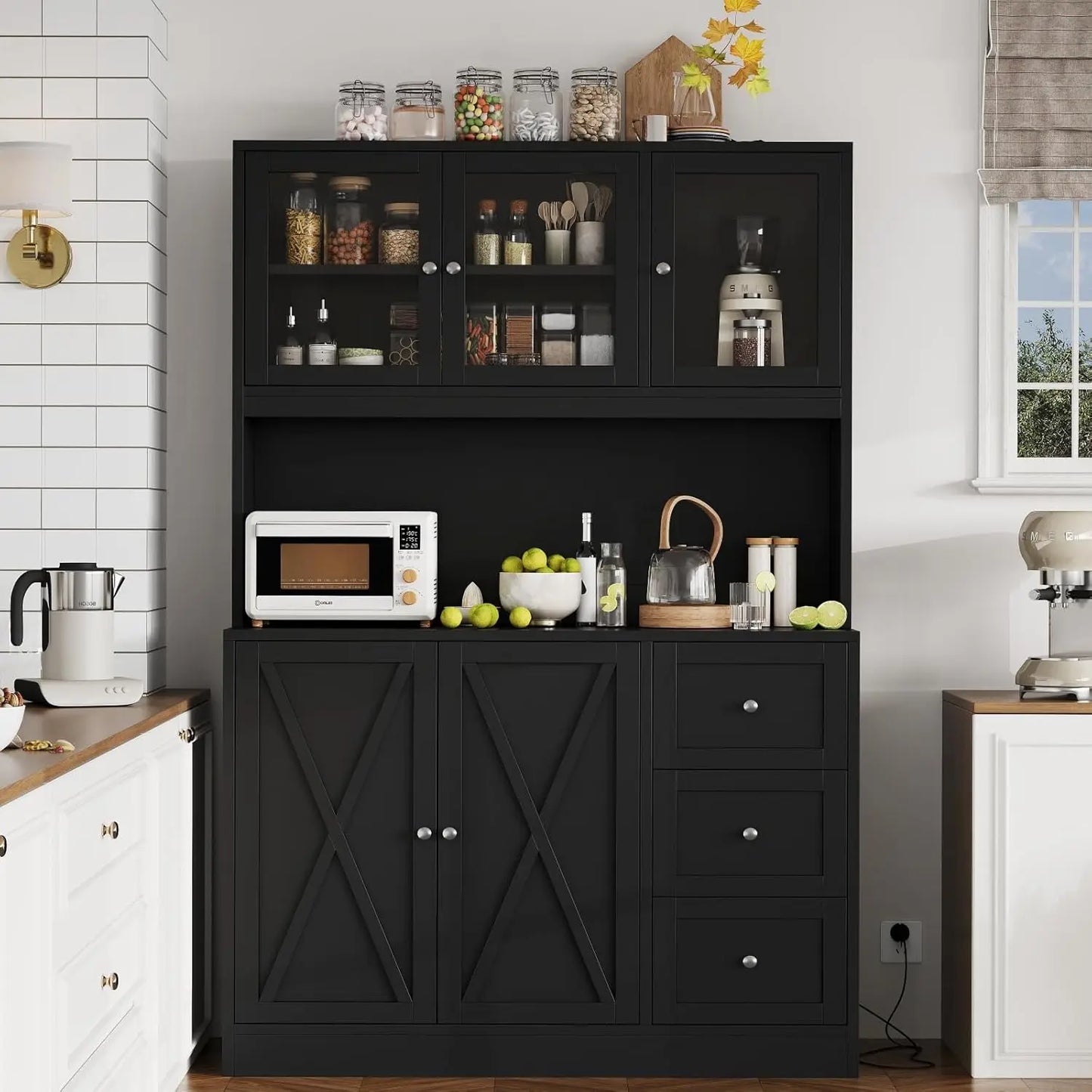 Kitchen Pantry Hutch with Microwave Stand Boho Storage Cabinet