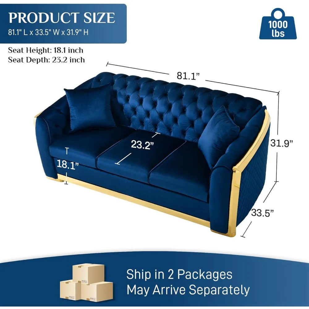 Ljustra Mid Century Modern Chesterfield Sofa Blue Gold Velvet Couch