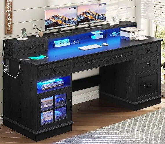 Farmhouse Executive Desk with Charging Station and LED Lights