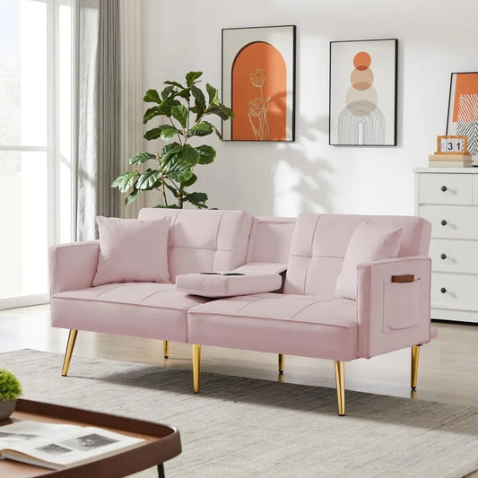 Ljustra Futon Sofa Bed Convertible Modern Linen Couch with Cup Holders