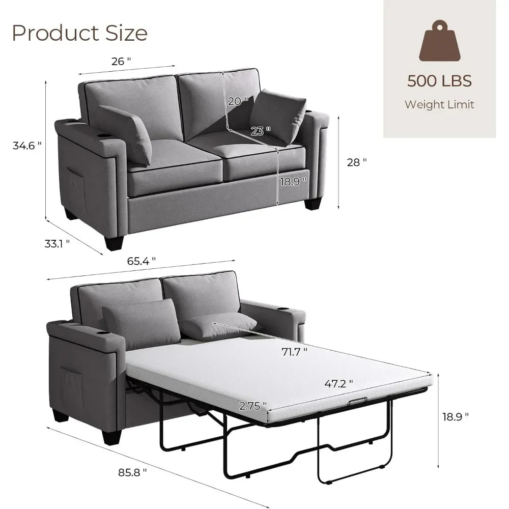 Ljustra Pull Out Sofa Bed 2 in 1 LED Sleeper Couch USB Cup Holder