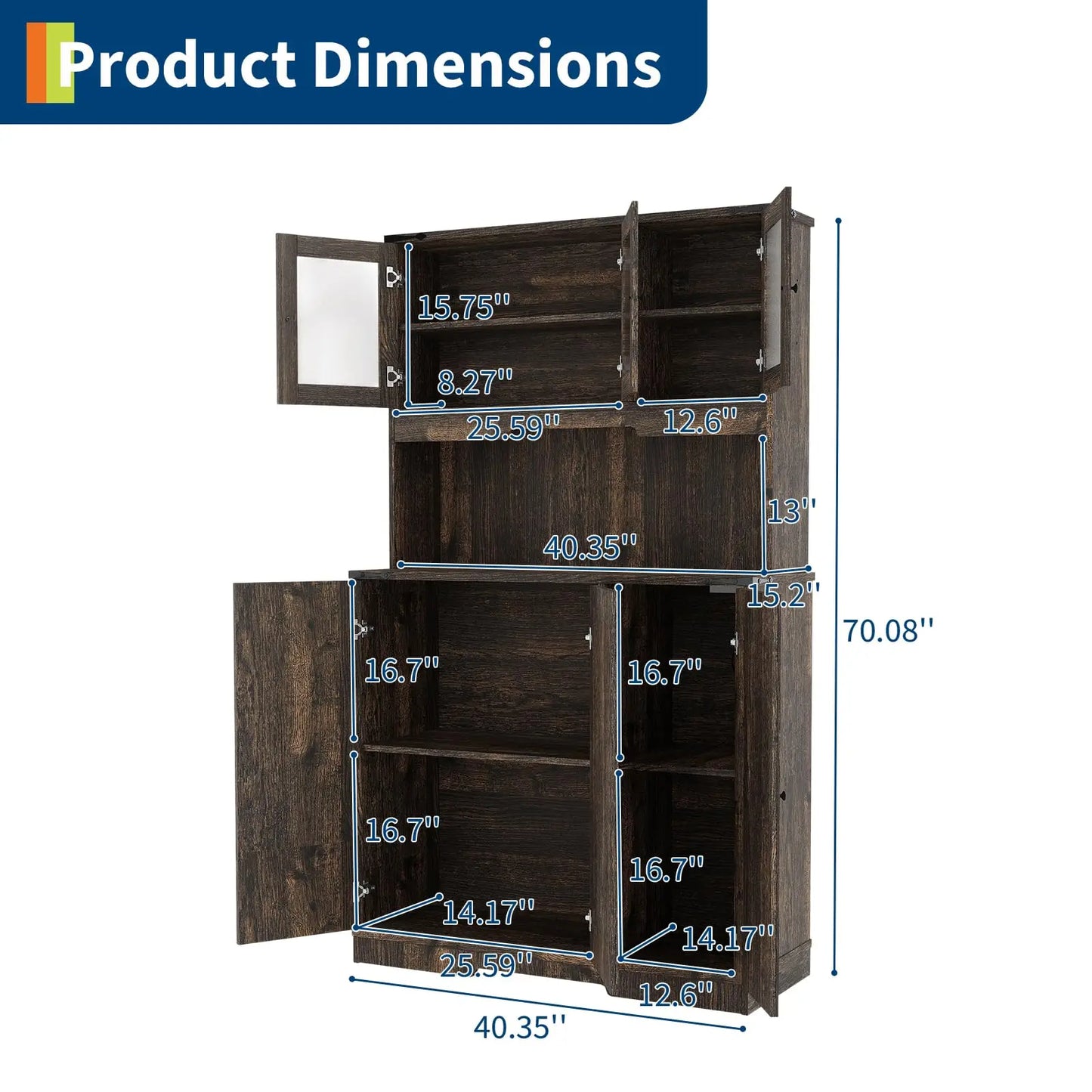 Pantry Cabinet with Charging Station 70.5" Tall Kitchen Hutch Storage