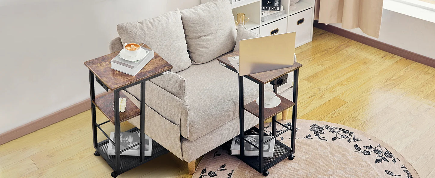 C Shaped End Table with Charging Station Rolling Wheels Small Space