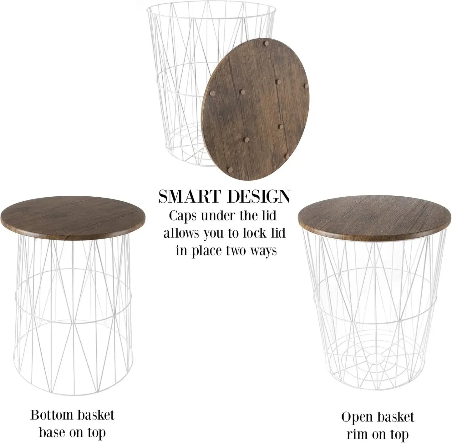 Set of 2 Nesting End Tables Round Side Tables with Removable Wood Tops