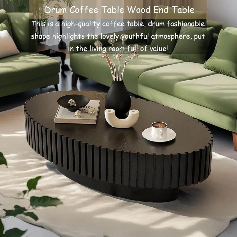 Modern Oval Coffee Table Handcrafted Drum Fluted Center Table