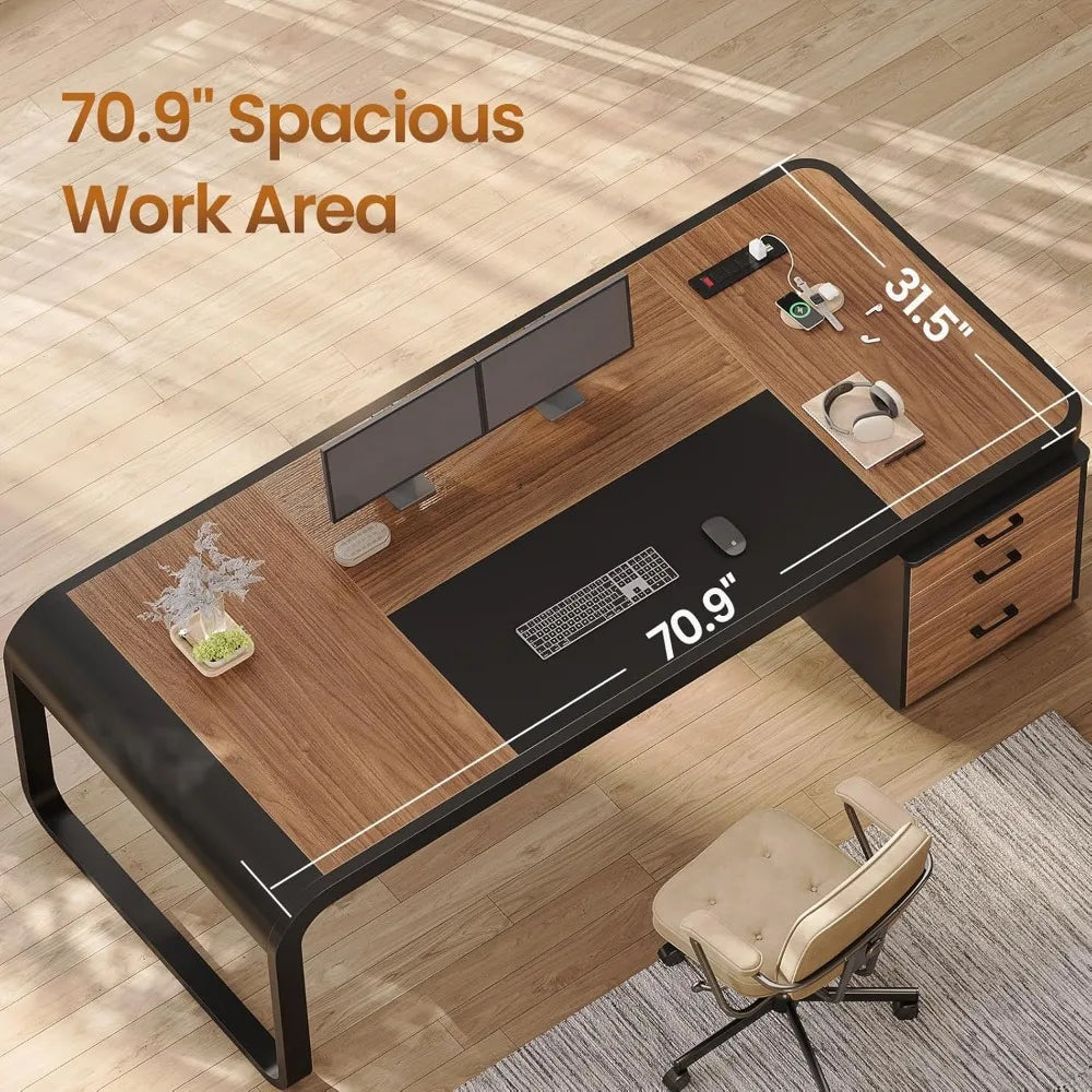 70.9" Executive Desk Large Computer Desk with Drawers and File Cabinet
