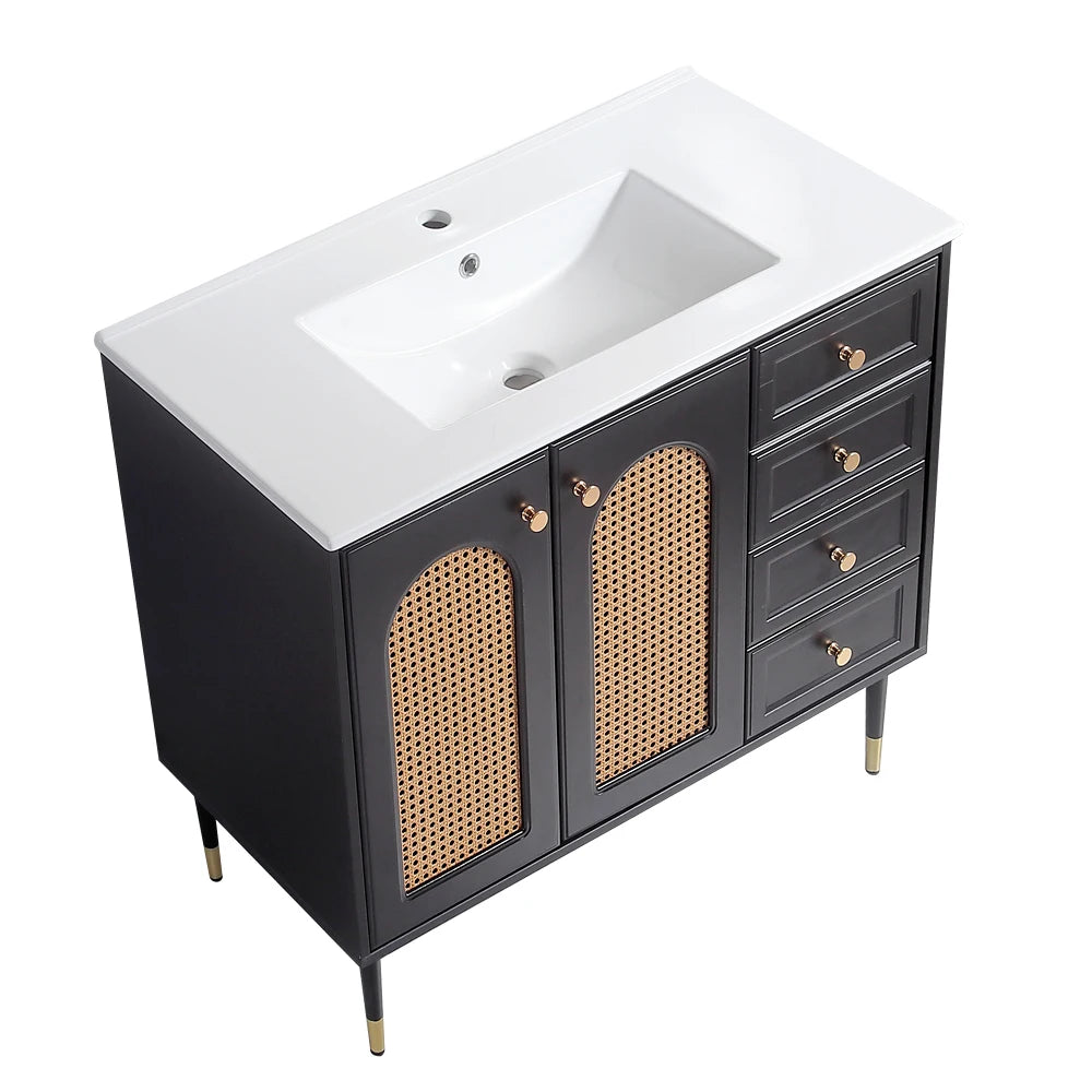 36 Inch Bathroom Vanity with Ceramic Basin Rattan Storage Cabinet