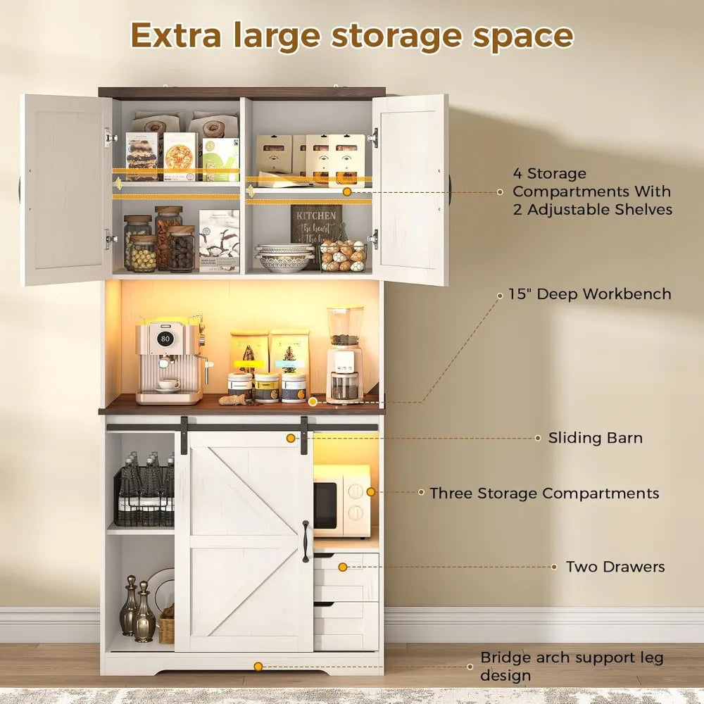 Farmhouse Kitchen Pantry Storage Cabinet Freestanding Hutch Drawers Shelves