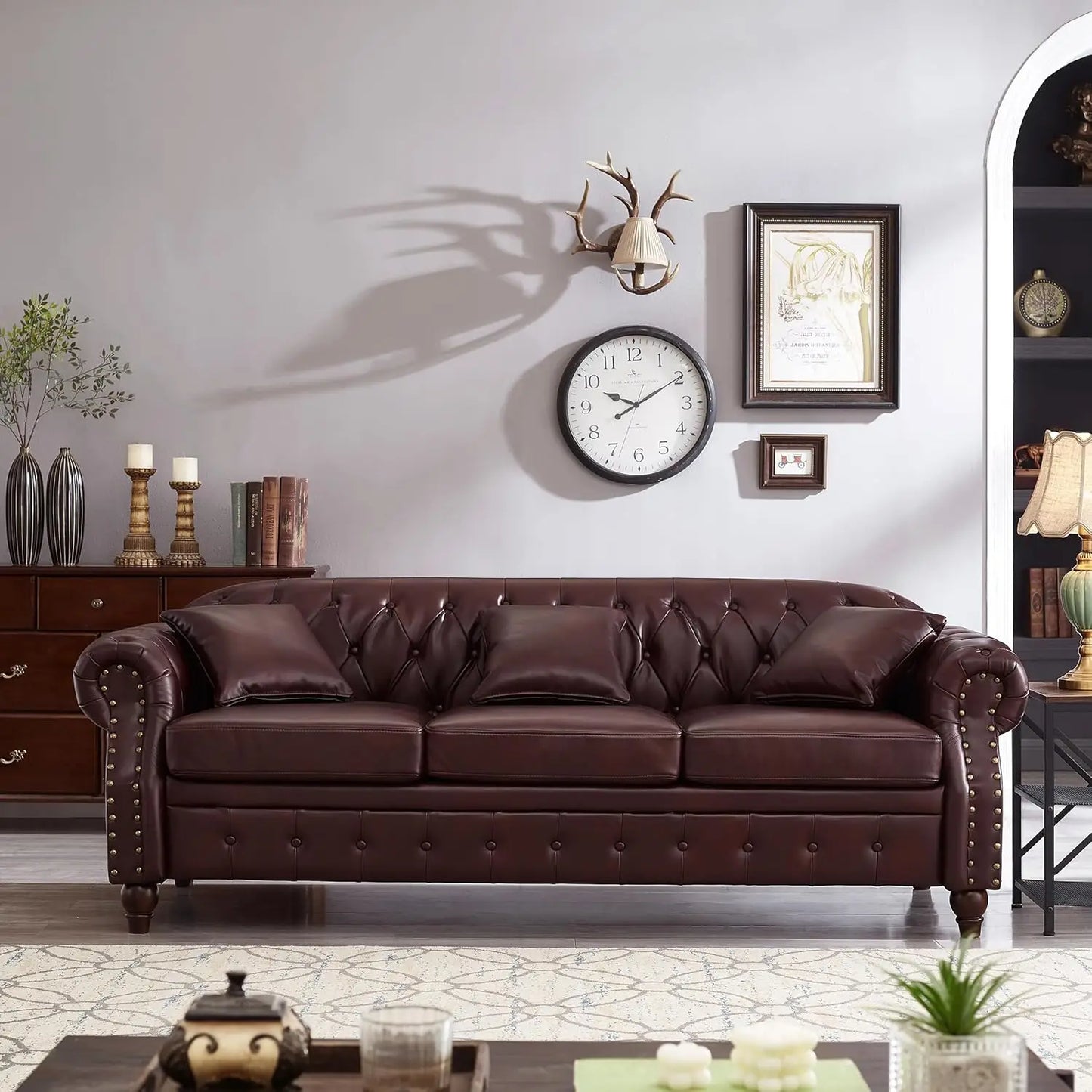 Ljustra 85.8" PU Leather Chesterfield Sofa 3-Seater with Storage & Tufted Design