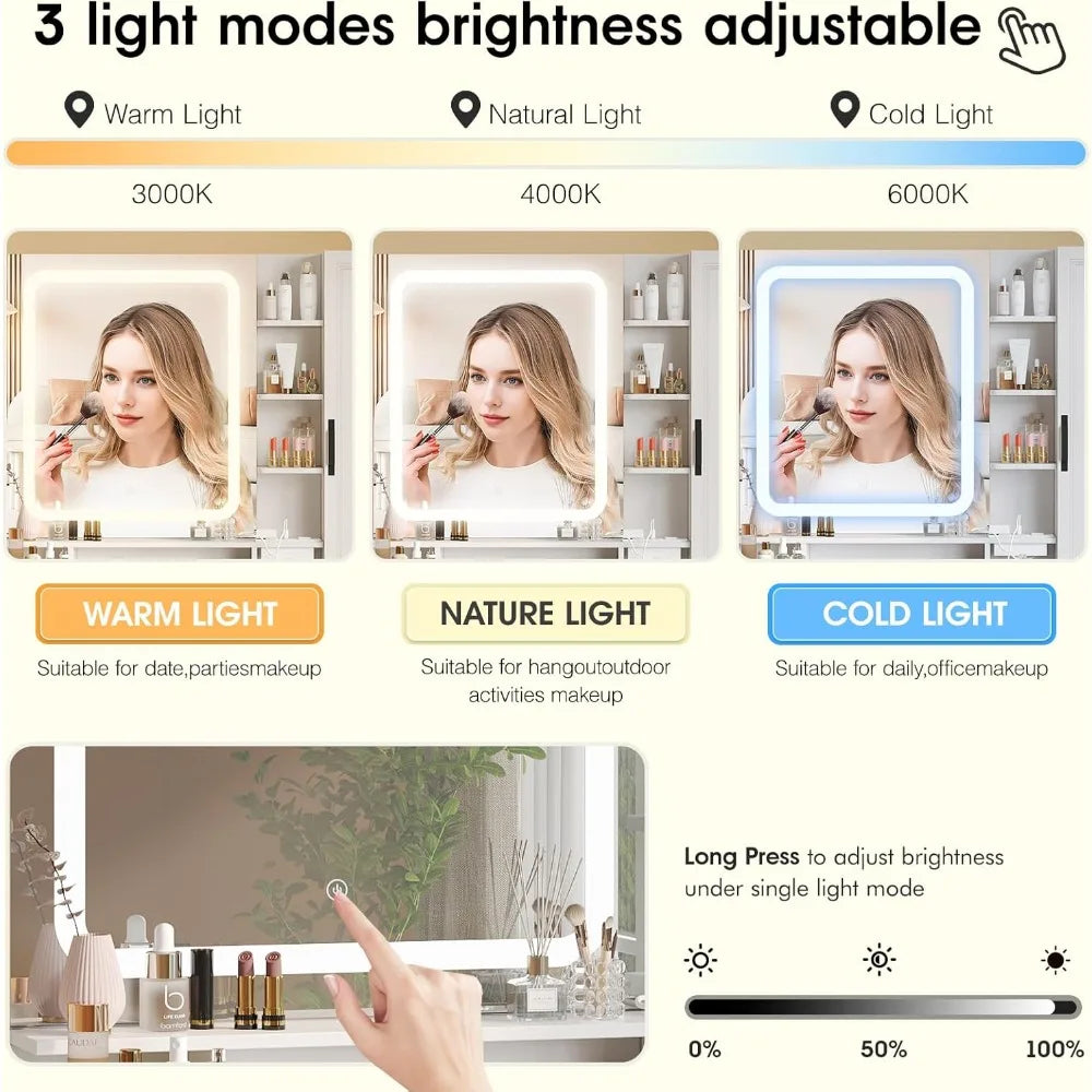 Vanity Desk with LED Mirror Jewelry Storage 3 Drawers Cabinets