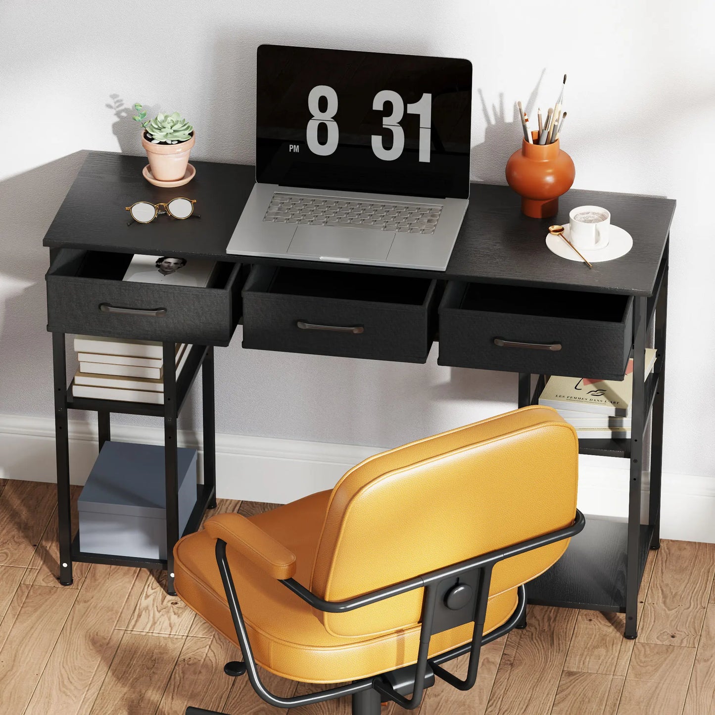 Ljustra 47 Inch Small Computer Desk with Fabric Drawers and Shelves