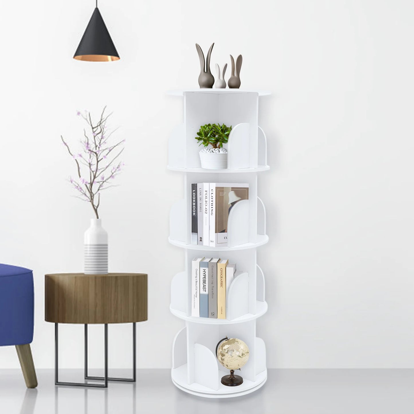 Rotating Bookshelf 4 Tiers 360° Silent Modern White Storage Shelf