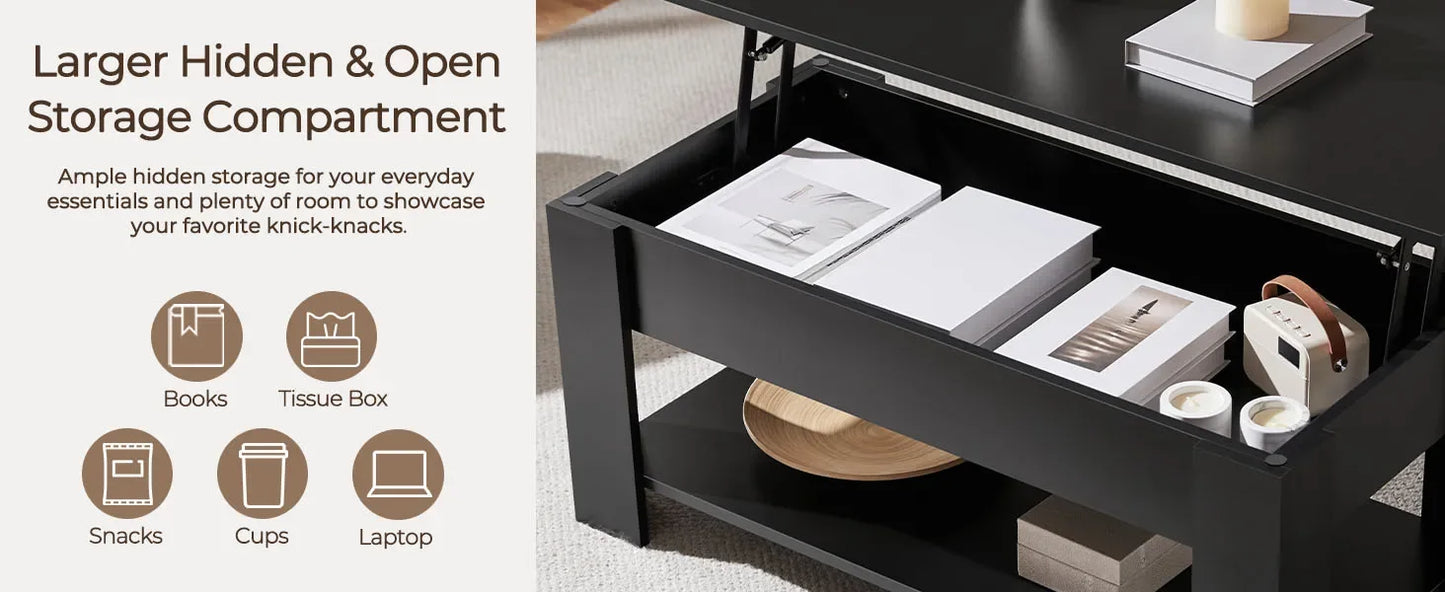 Wooden Lift Top Coffee Table with Hidden Storage for Living Room
