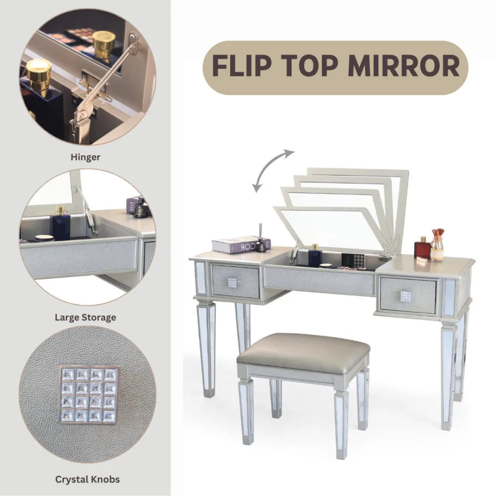 Luxury Mirrored Vanity Desk Set with Stool and Drawer Storage for Bedroom
