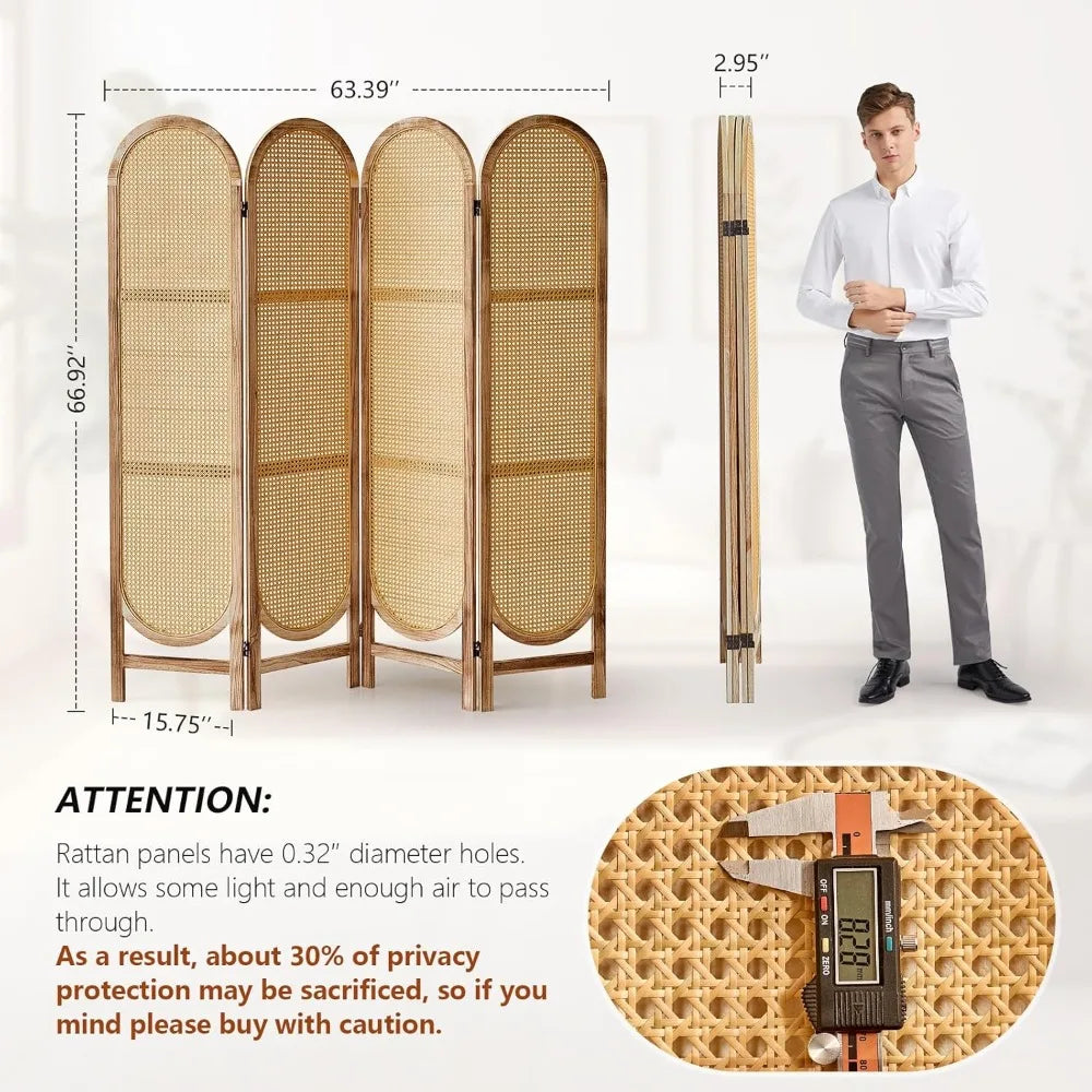 4 Panel Foldable Room Divider Screen Portable Rattan Privacy Divider