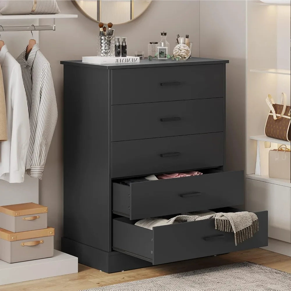 Black 5 Drawer Dresser Wooden Storage Cabinet Tall Chest for Bedroom