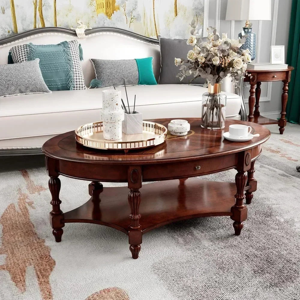 Solid Wood Oval Coffee Table with Storage Drawer Vintage Style