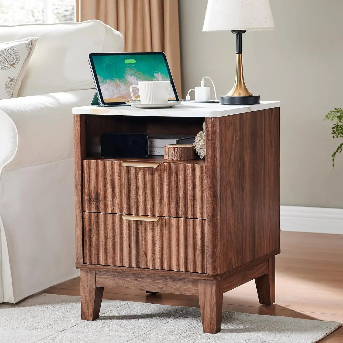 Nightstand with Charging Station 2 Drawers Farmhouse Bedside Table