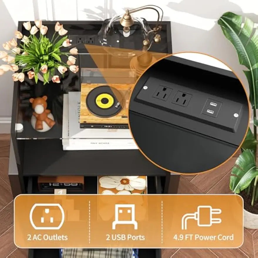 Fluted Nightstand with Charging Station and LED Lights Modern End Table