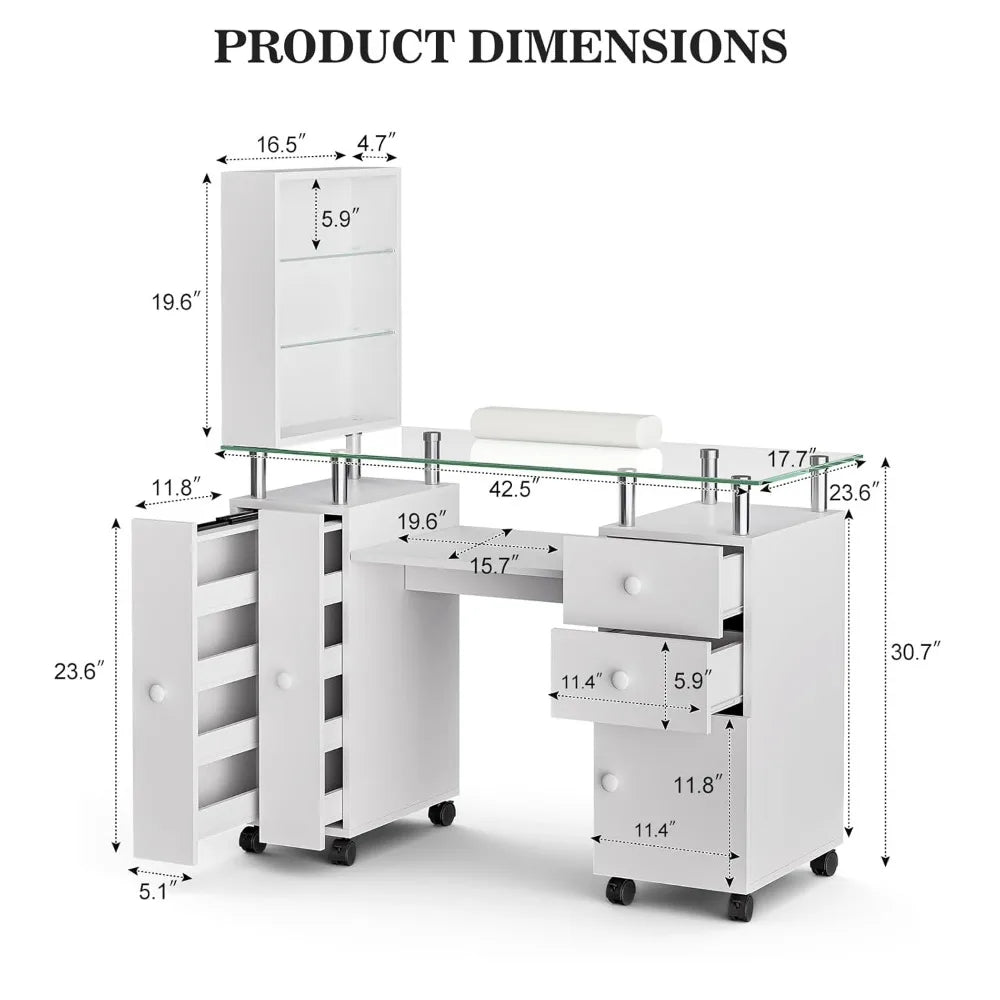 Ljustra Manicure Table Nail Desk Acetone Resistant with Glass Top