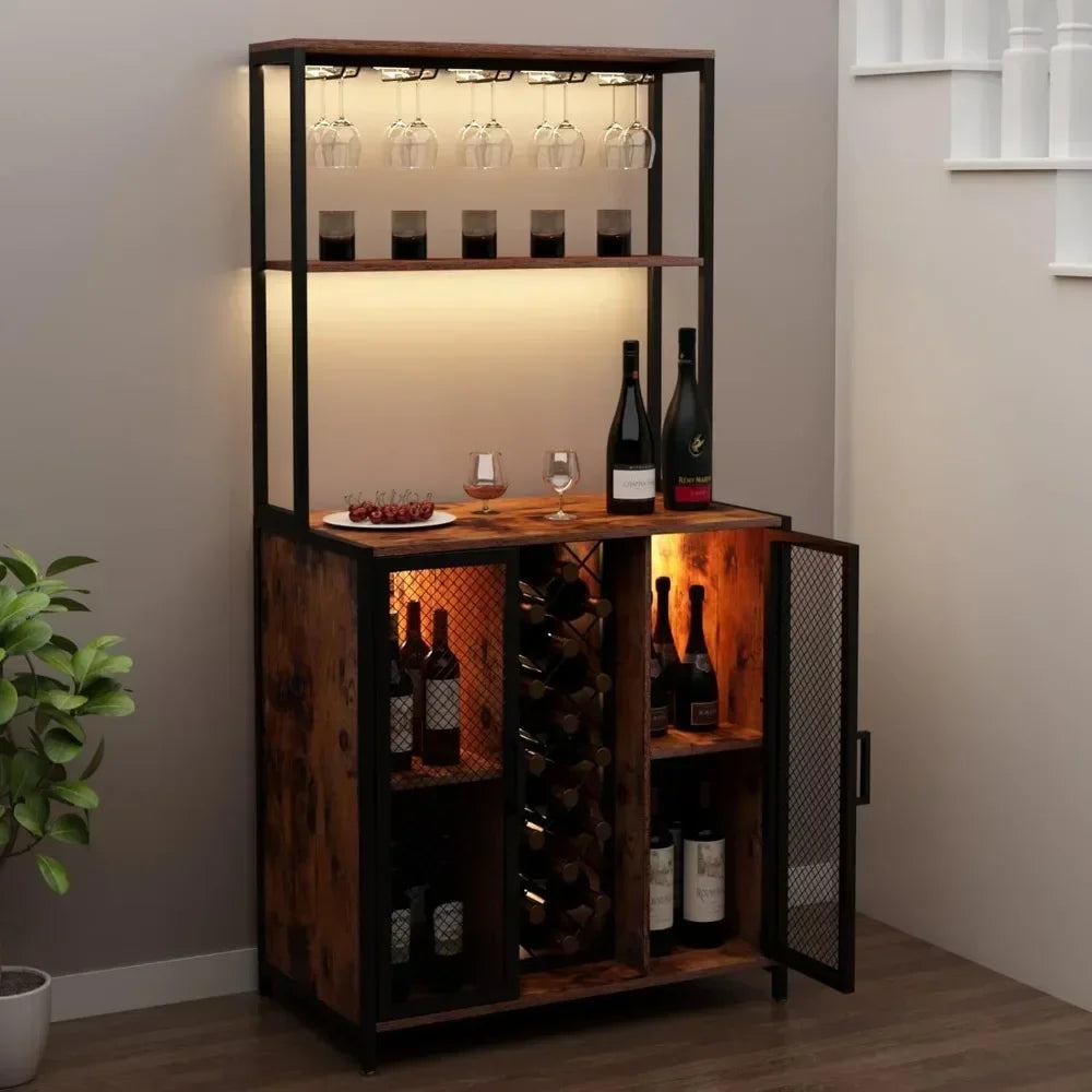 Wine Bar Cabinet with LED Lights Adjustable Shelves Industrial Coffee Bar