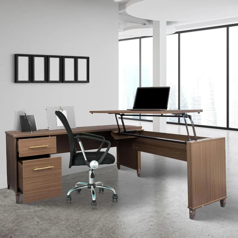 L-Shaped Ergonomic Home Office Desk Sit Stand with Storage Cabinet