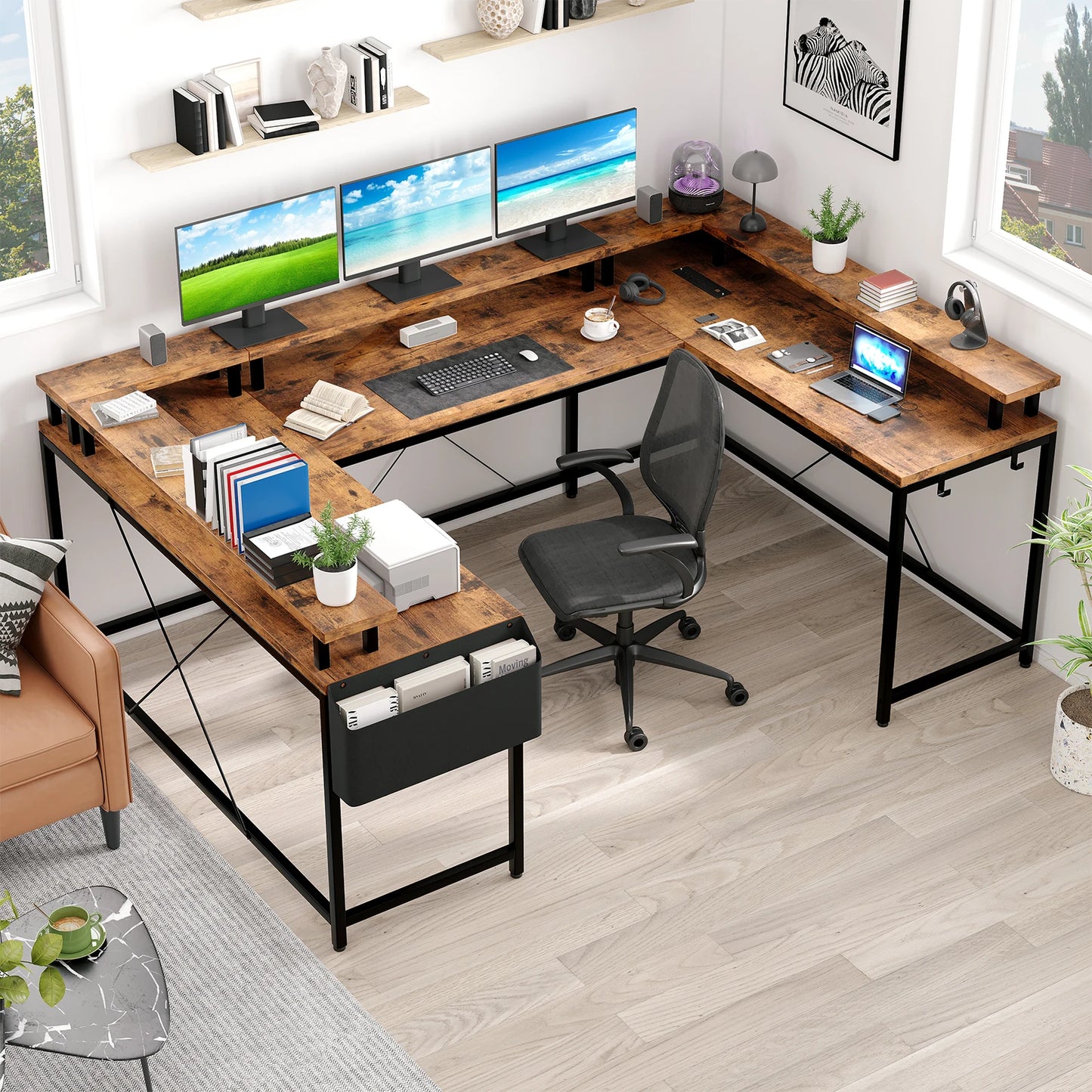 Modern L-Shaped Computer Desk with LED Lights Power Outlet and Shelves