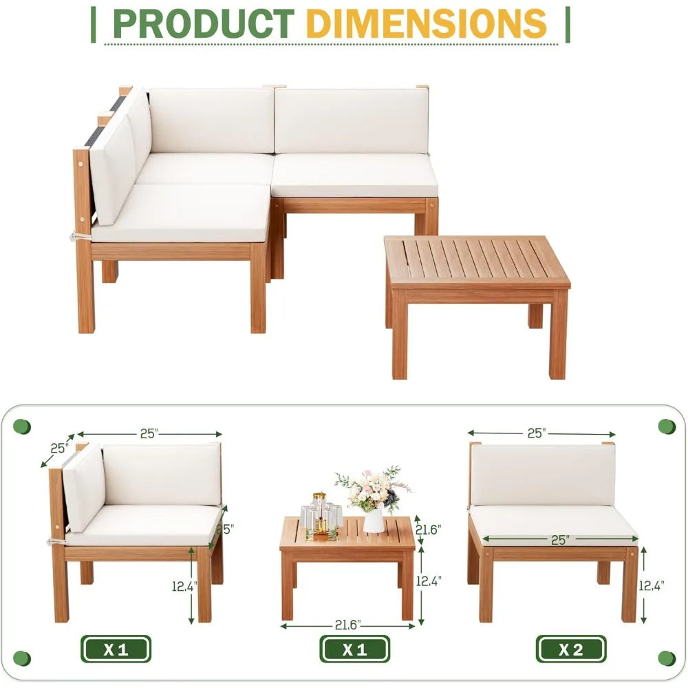 Outdoor Sectional Couch Patio Sofa Set with Acacia Wood Coffee Table