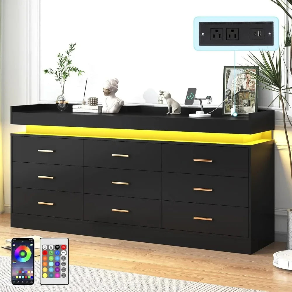 9 Drawer Dresser with Charging Station LED Lights Organizer Cabinet
