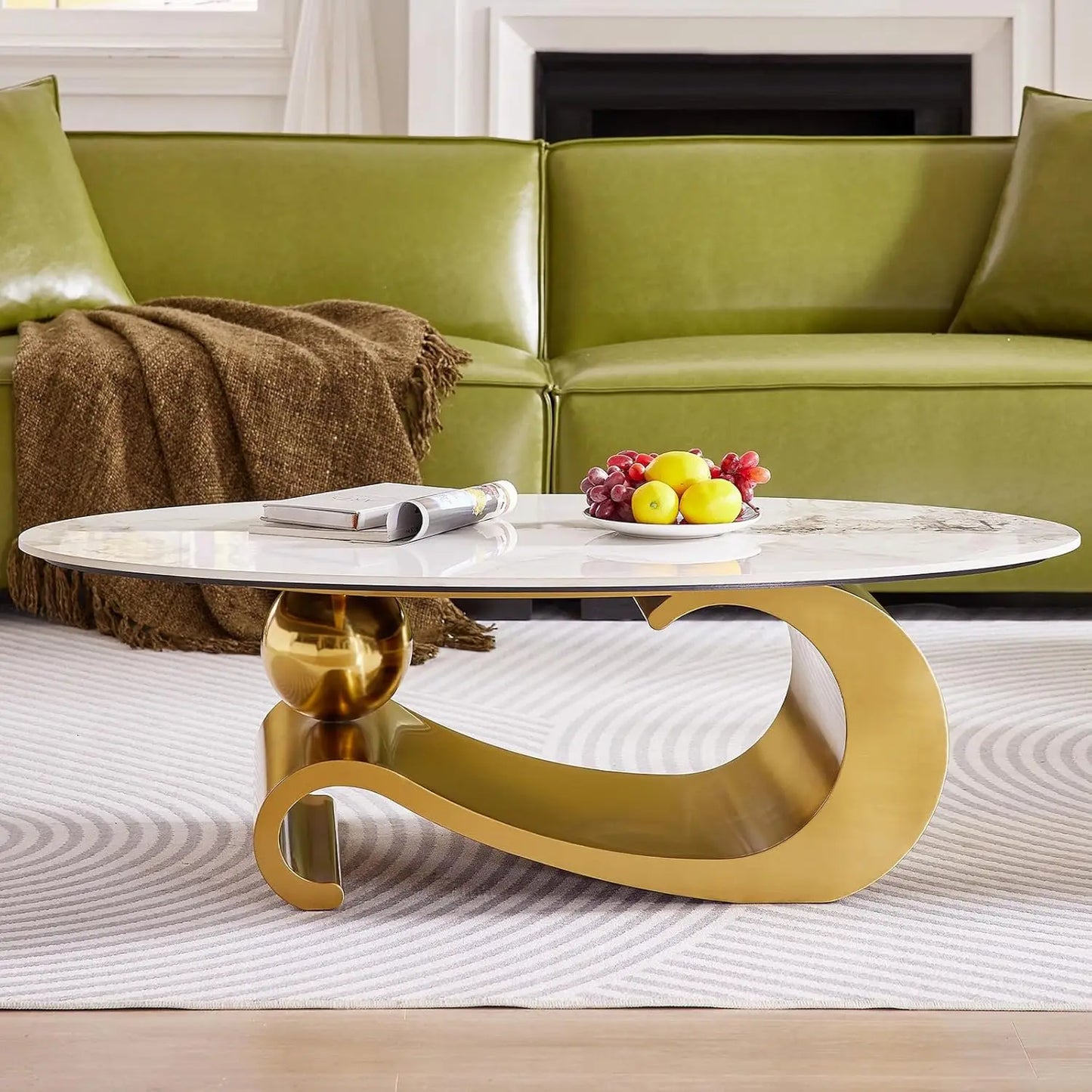 Modern Oval Faux Marble Coffee Table with Gold Metal Base for Living Room
